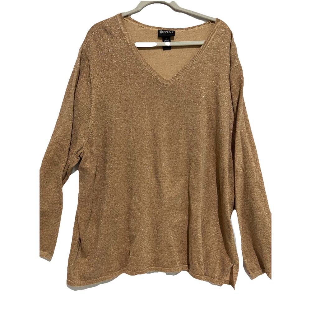 Maggie Barnes Womens Sz 3x Metallic Gold Sweater Holiday Career V Neck Light‎